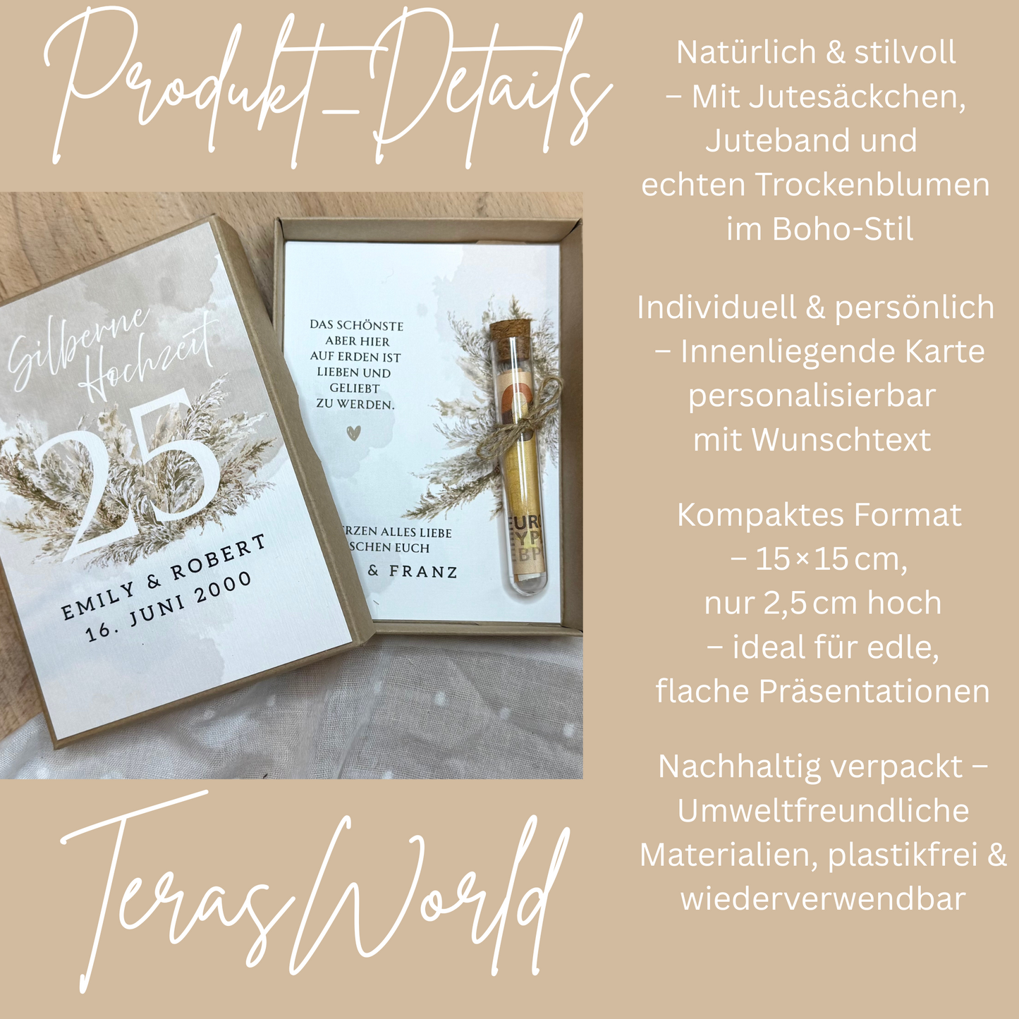 Personalisiertes Geldgeschenk zur Hochzeit- Goldene Hochzeit – Geschenkbox mit Reagenzglas & im Boho-Stil – Hochzeitsgeschenk für Brautpaar