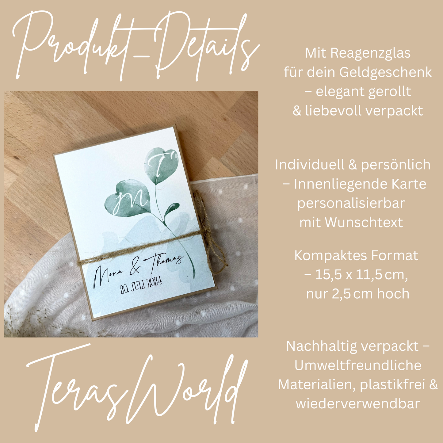 Personalisiertes Geldgeschenk zur Hochzeit-– Geschenkbox mit Reagenzglas & im Boho-Stil – Hochzeitsgeschenk für Brautpaar