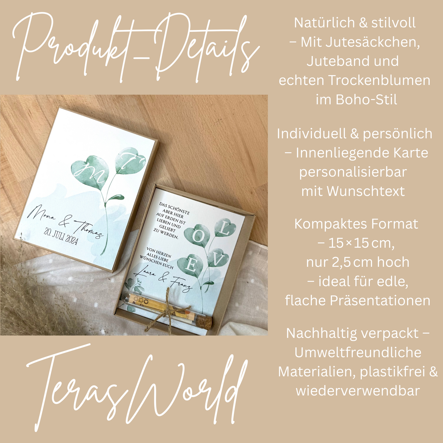 Personalisiertes Geldgeschenk zur Hochzeit-– Geschenkbox mit Reagenzglas & im Boho-Stil – Hochzeitsgeschenk für Brautpaar