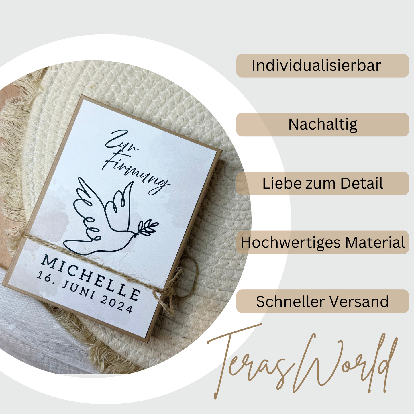 Personalisiertes Geldgeschenk Fisch Taube zur Firmung, Kommunion, Konfirmation, Jugendweihe – Geschenkbox mit Reagenzglas im Boho-Stil