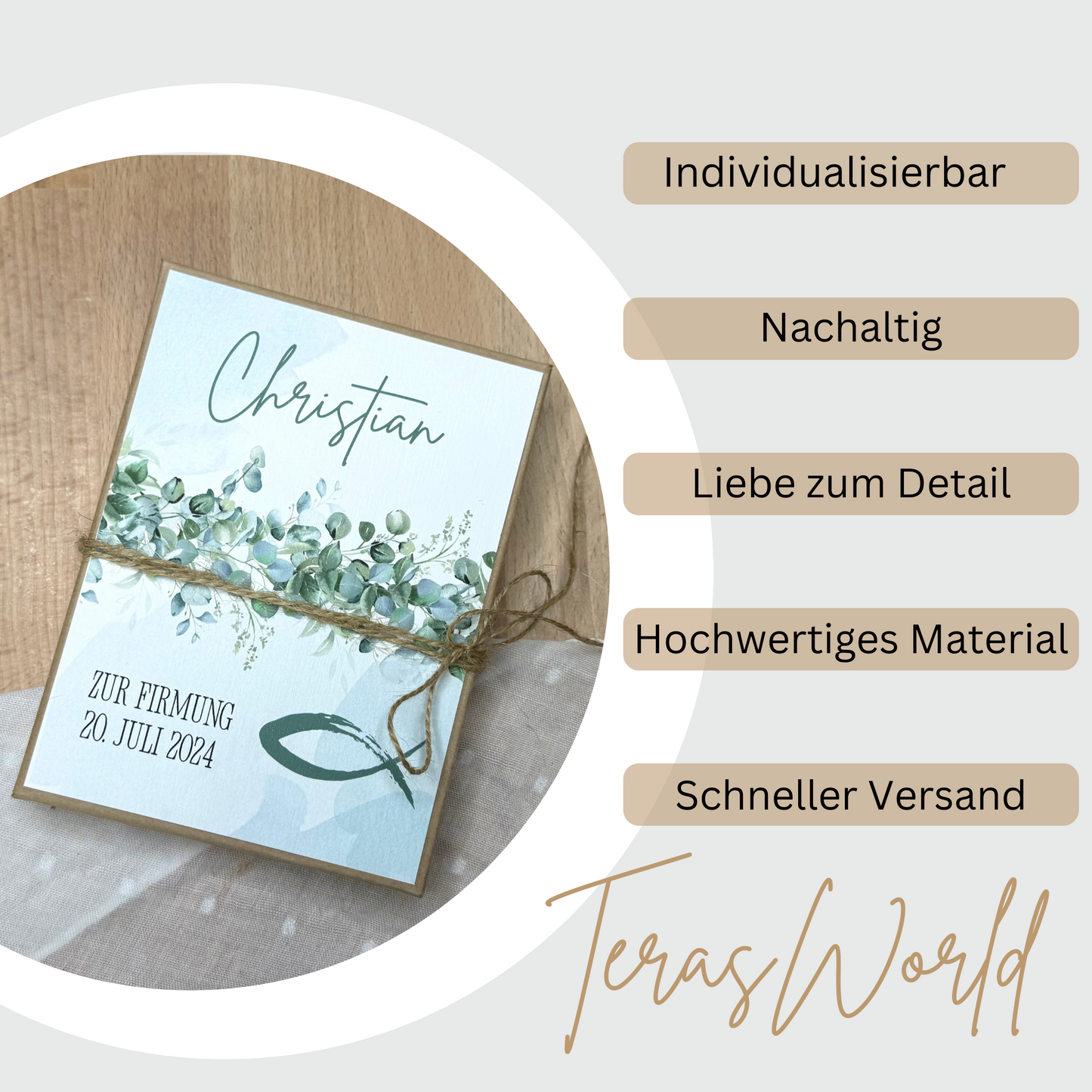 Personalisiertes Geldgeschenk Fisch Taube zur Firmung, Kommunion, Konfirmation, Jugendweihe – Geschenkbox mit Reagenzglas im Boho-Stil