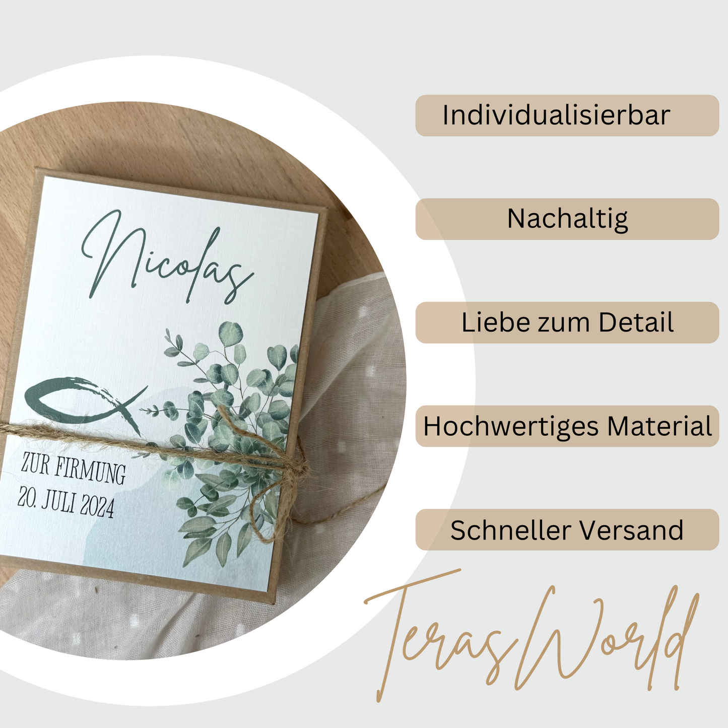 Personalisiertes Geldgeschenk Fisch Taube zur Firmung, Kommunion, Konfirmation, Jugendweihe – Geschenkbox mit Reagenzglas im Boho-Stil