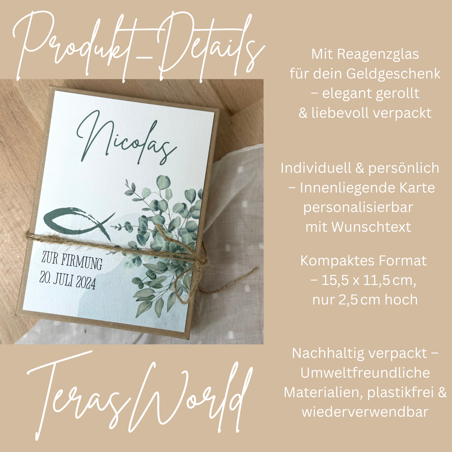 Personalisiertes Geldgeschenk Fisch Taube zur Firmung, Kommunion, Konfirmation, Jugendweihe – Geschenkbox mit Reagenzglas im Boho-Stil