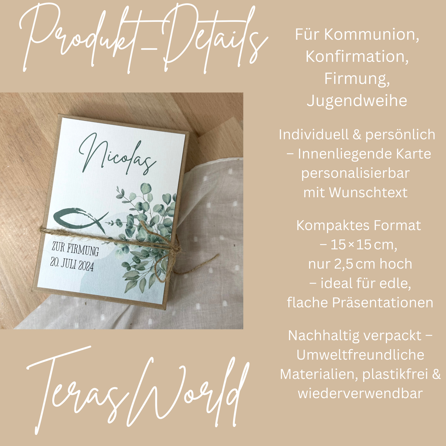 Personalisiertes Geldgeschenk Fisch Taube zur Firmung, Kommunion, Konfirmation, Jugendweihe – Geschenkbox mit Reagenzglas im Boho-Stil
