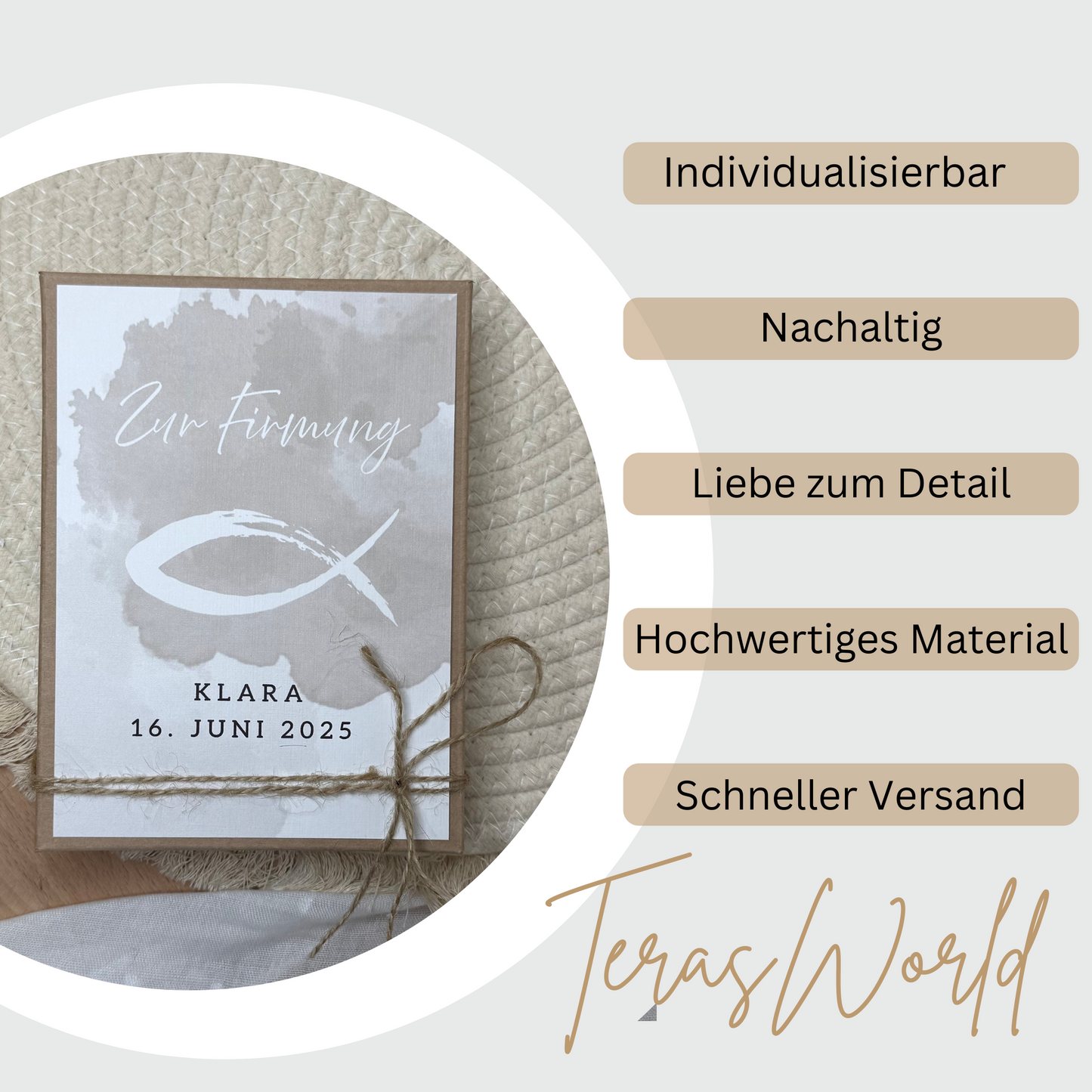 Personalisiertes Geldgeschenk Fisch Taube zur Firmung, Kommunion, Konfirmation, Jugendweihe – Geschenkbox mit Reagenzglas im Boho-Stil