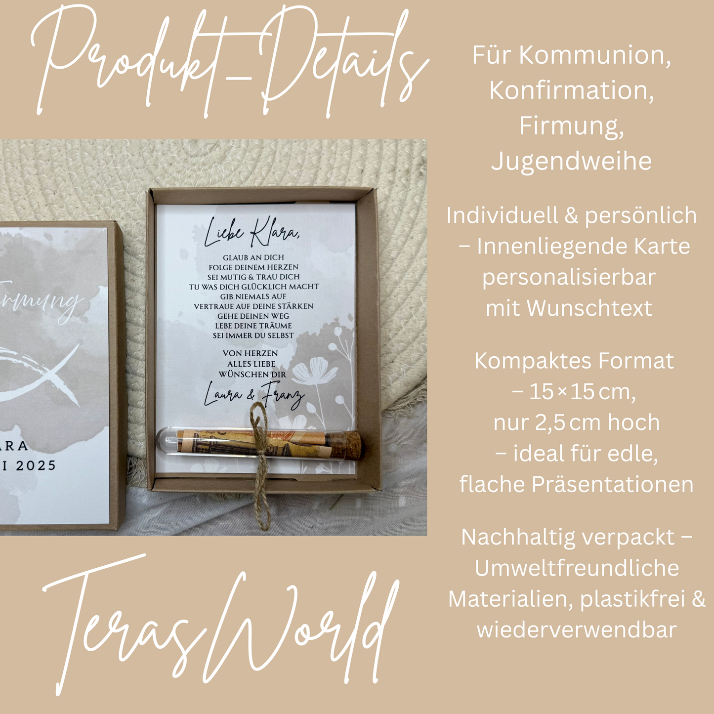 Personalisiertes Geldgeschenk Fisch Taube zur Firmung, Kommunion, Konfirmation, Jugendweihe – Geschenkbox mit Reagenzglas im Boho-Stil