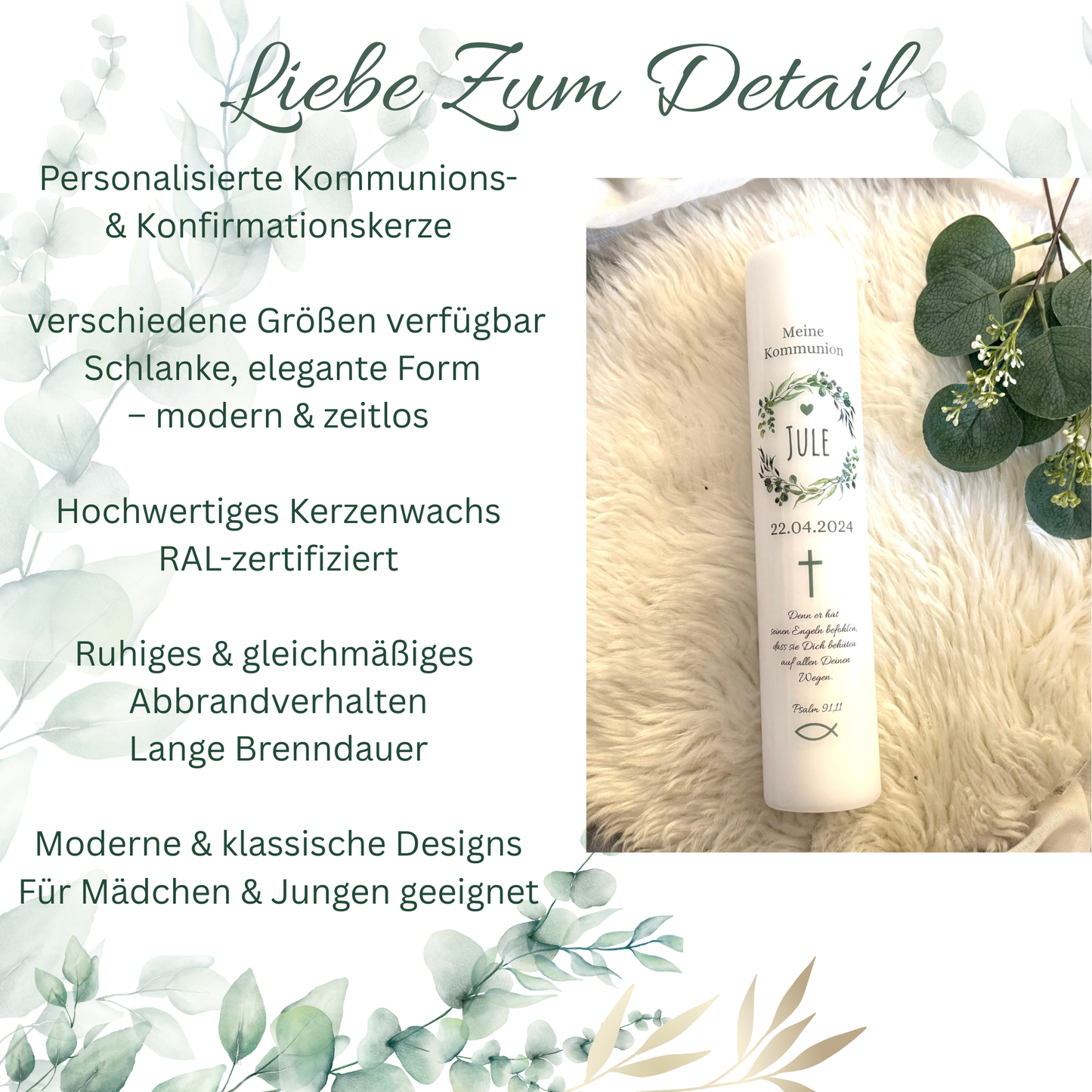 Kommunionskerze Taufkerze personalisiert | Kerze zur Kommunion & Konfirmation Taufe |Für Jungen/ Mädchen Kommunionkerze Patenkerze