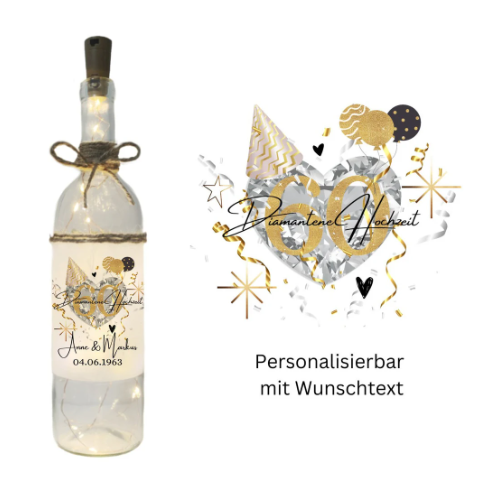 Flaschenlicht "Diamantene Hochzeit Geldgeschenk"- Lichtflasche, Dekoflasche mit LED Beleuchtung | Silberhochzeit