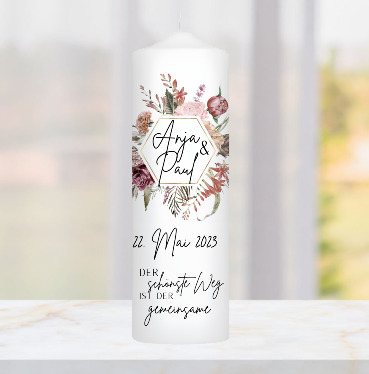 Hochzeitskerze Blumen- Kranz Personalisiert