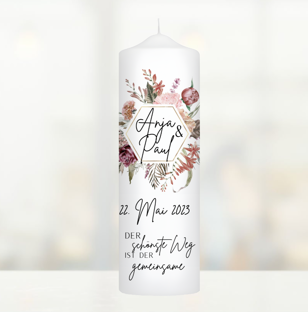 Hochzeitskerze Blumen- Kranz Personalisiert