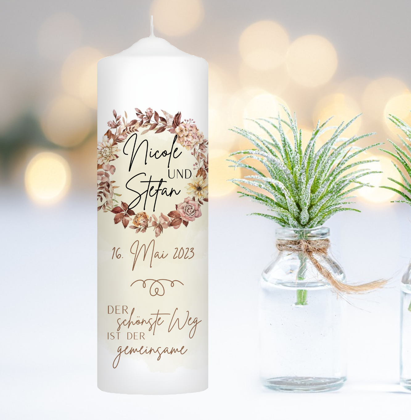 Hochzeitskerze Blumen- Kranz Personalisiert