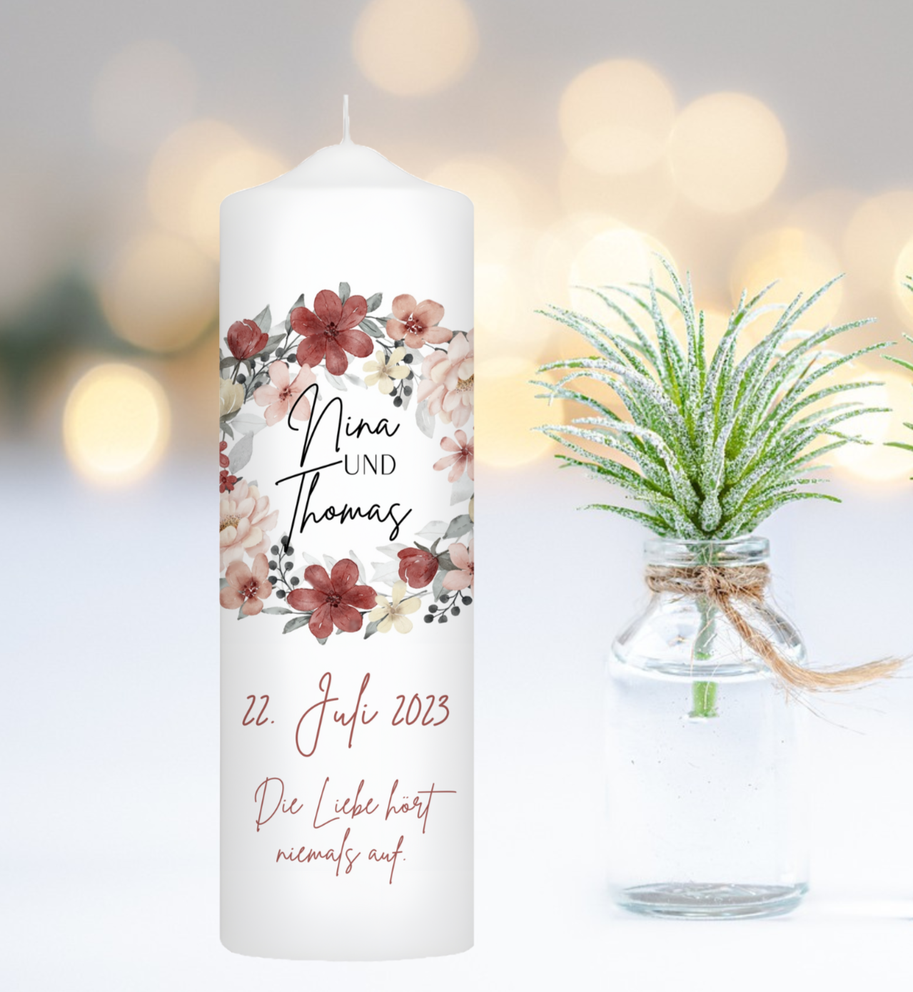 Hochzeitskerze Blumen- Kranz Personalisiert
