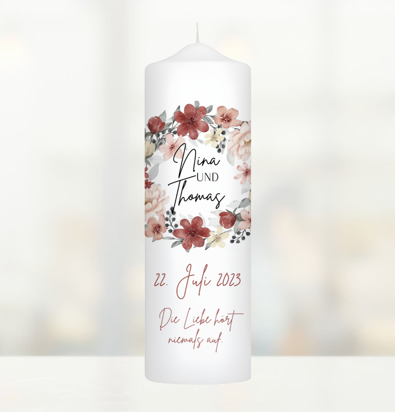 Hochzeitskerze Blumen- Kranz Personalisiert