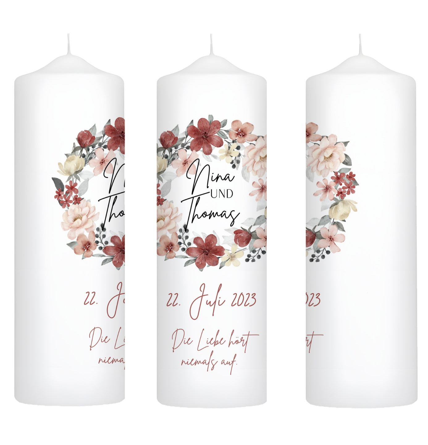 Hochzeitskerze Blumen- Kranz Personalisiert