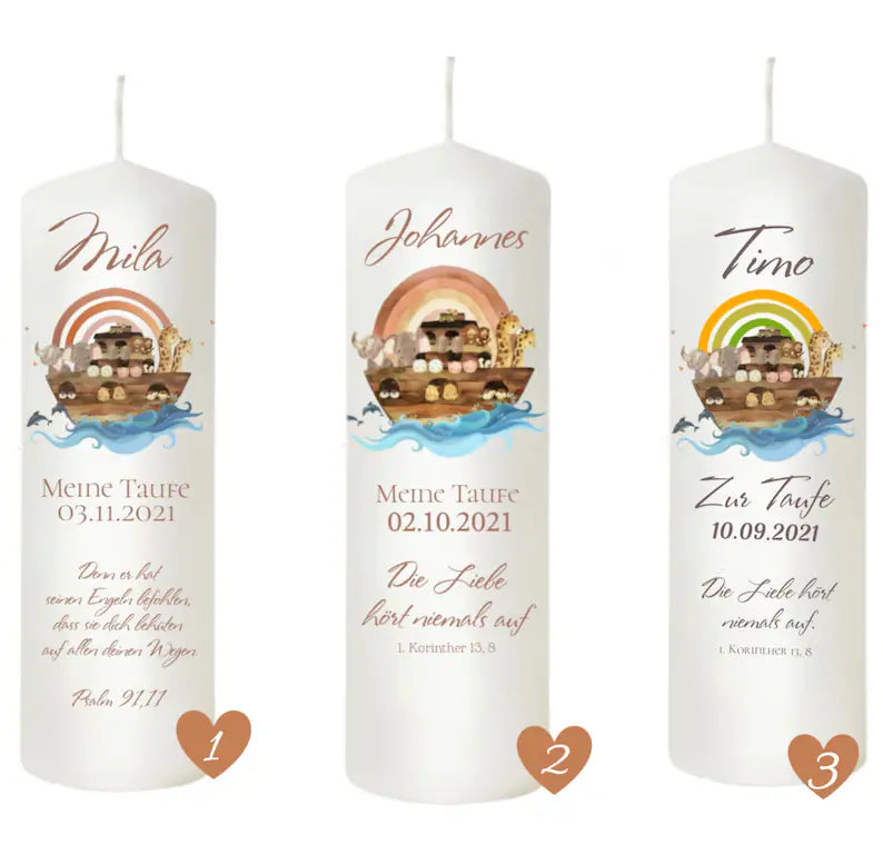 Taufkerze Noahs Arche Für Mädchen und Jungen mit Regenbogen