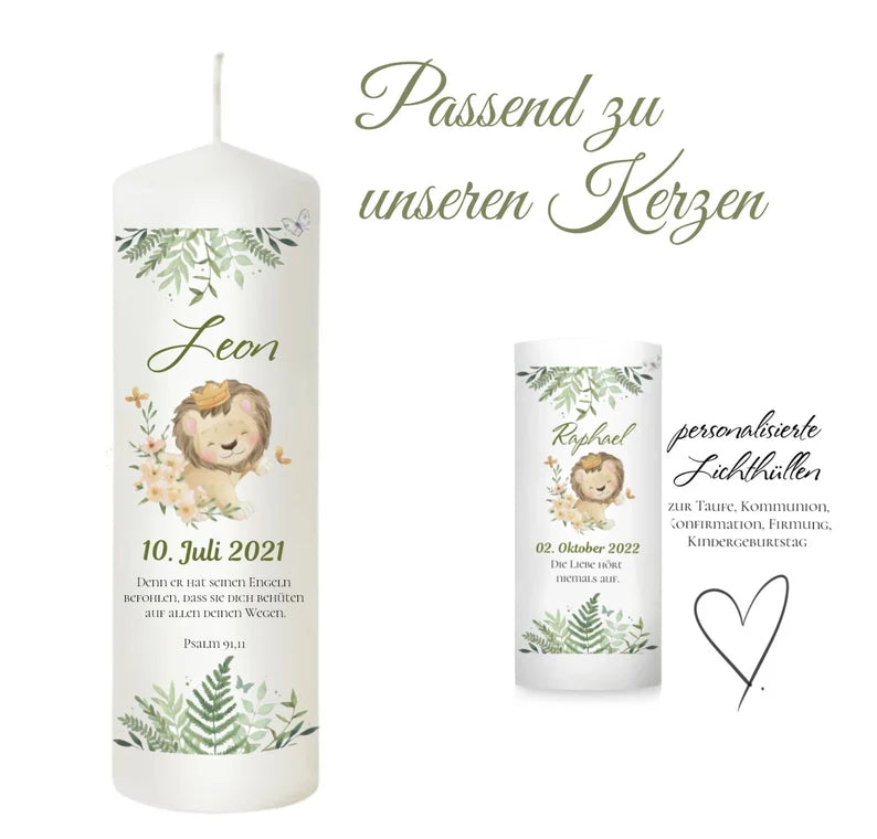 Taufkerze Floral Löwe Safaritiere Für Jungen und Mädchen
