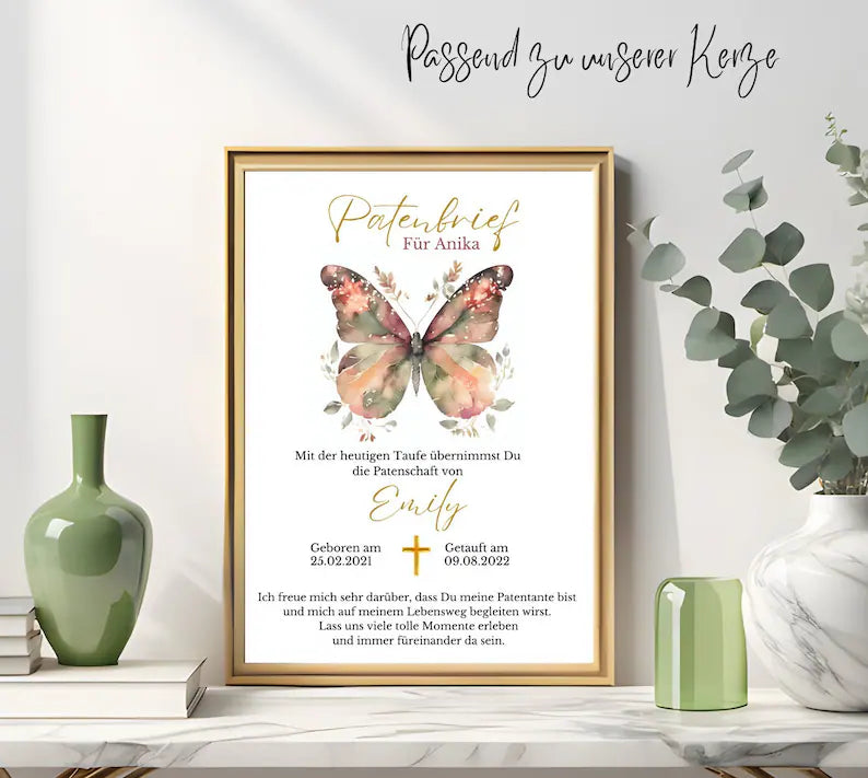 Taufkerze Floral Rosa Schmetterling Eukalyptus Für Mädchen