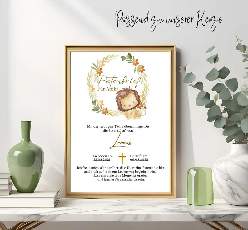 Taufkerze Floral Löwe Für Jungen und Mädchen
