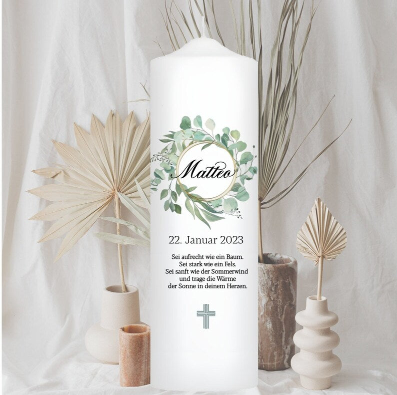 Taufkerze Floral Rosa Eukalyptus Für Mädchen