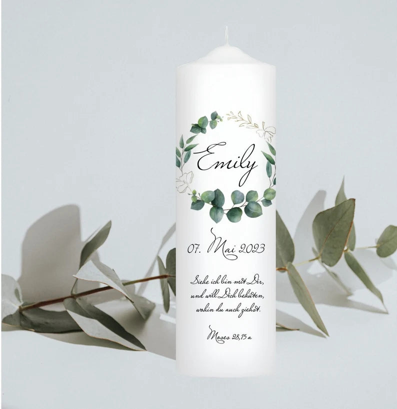 Taufkerze Floral Eukalyptus Für Jungen und Mädchen