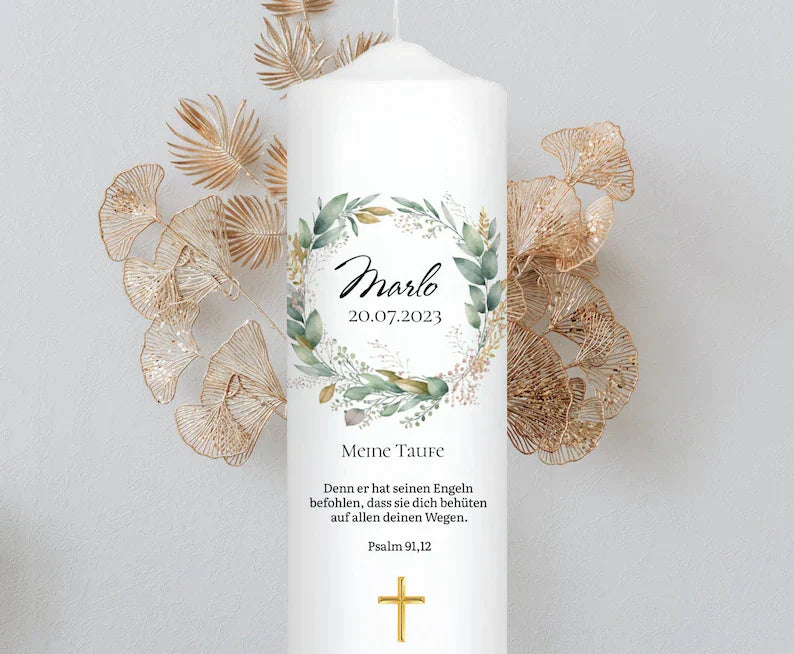 Taufkerze Eukalyptus Kranz Für Jungen und Mädchen