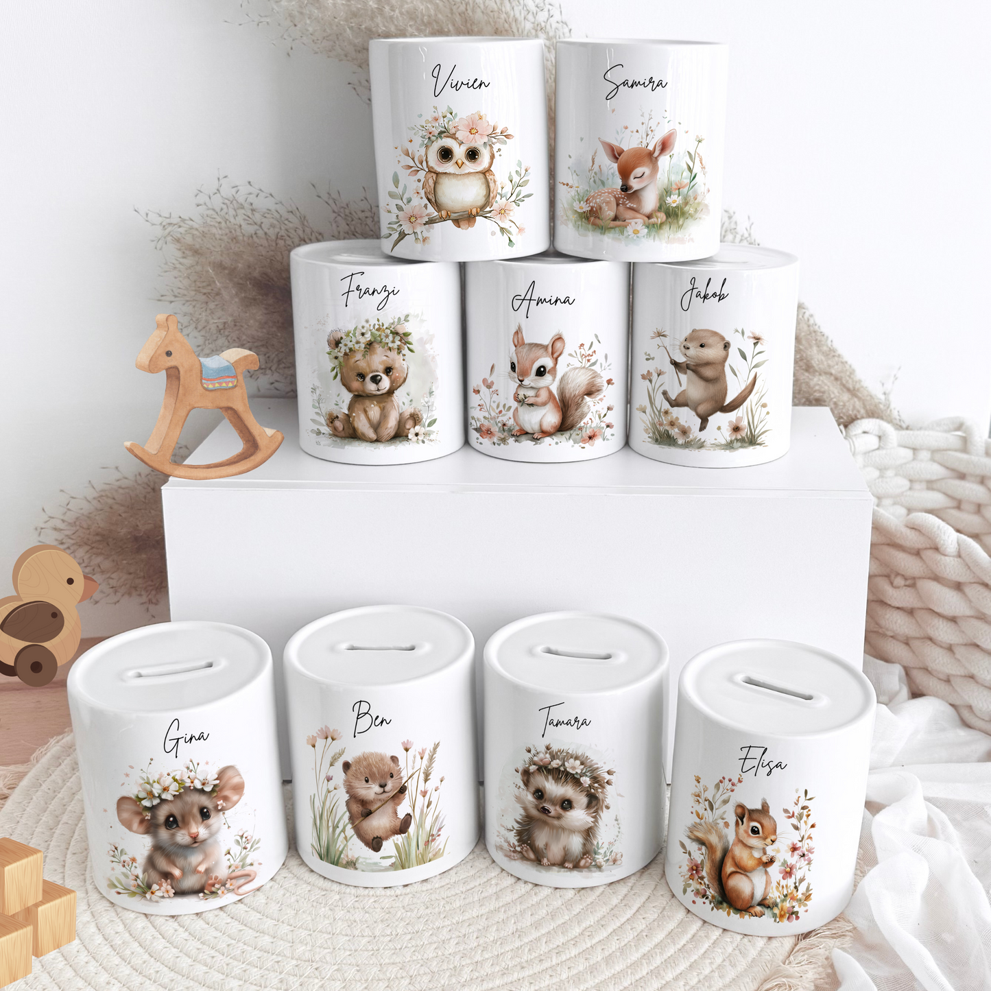 Personalisierte Spardose Kind Geschenk Geburt Taufe Geburtstag Waldtiere Geldgeschenk Baby Kinder Keramik Sparbüchse