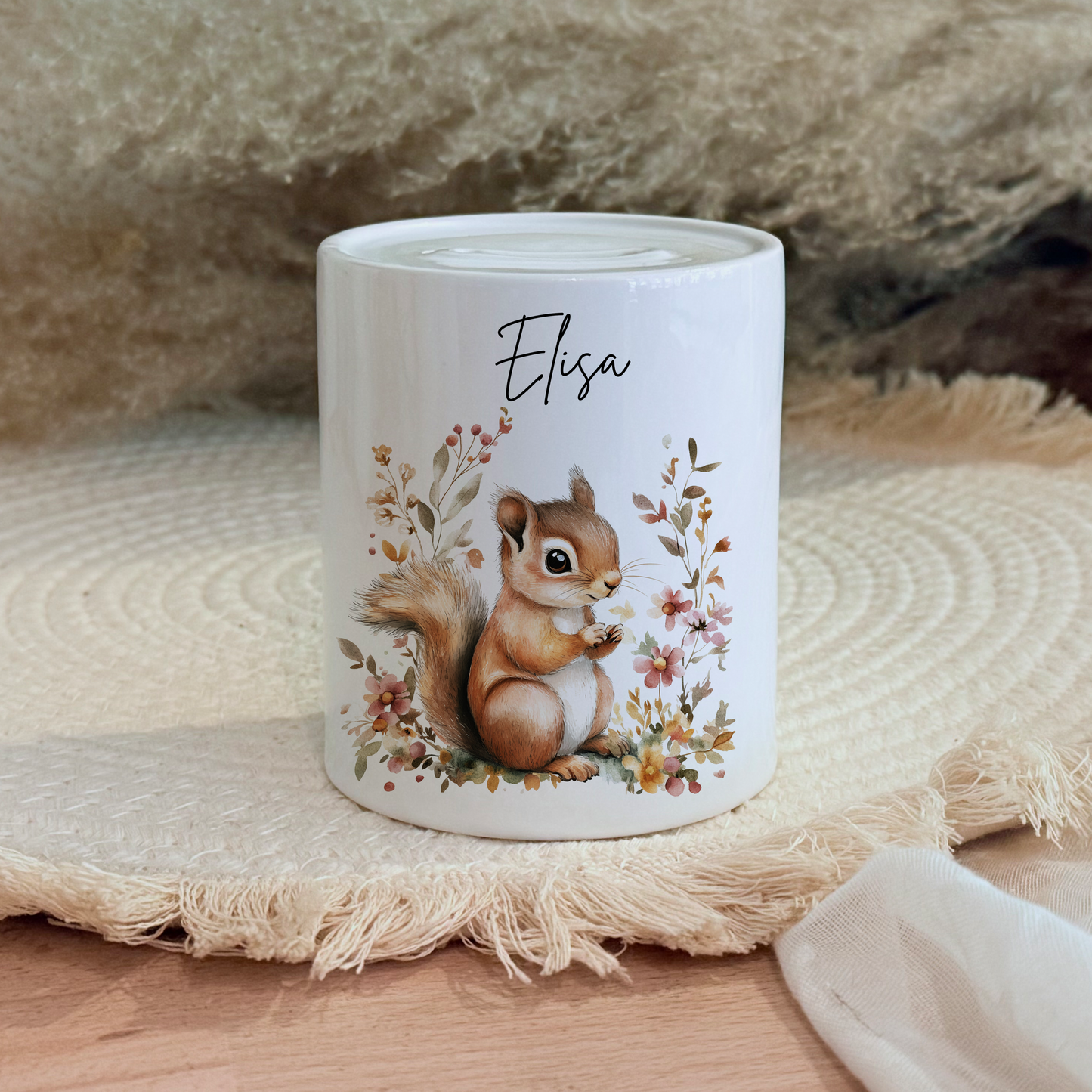 Personalisierte Spardose Kind Geschenk Geburt Taufe Geburtstag Waldtiere Geldgeschenk Baby Kinder Keramik Sparbüchse