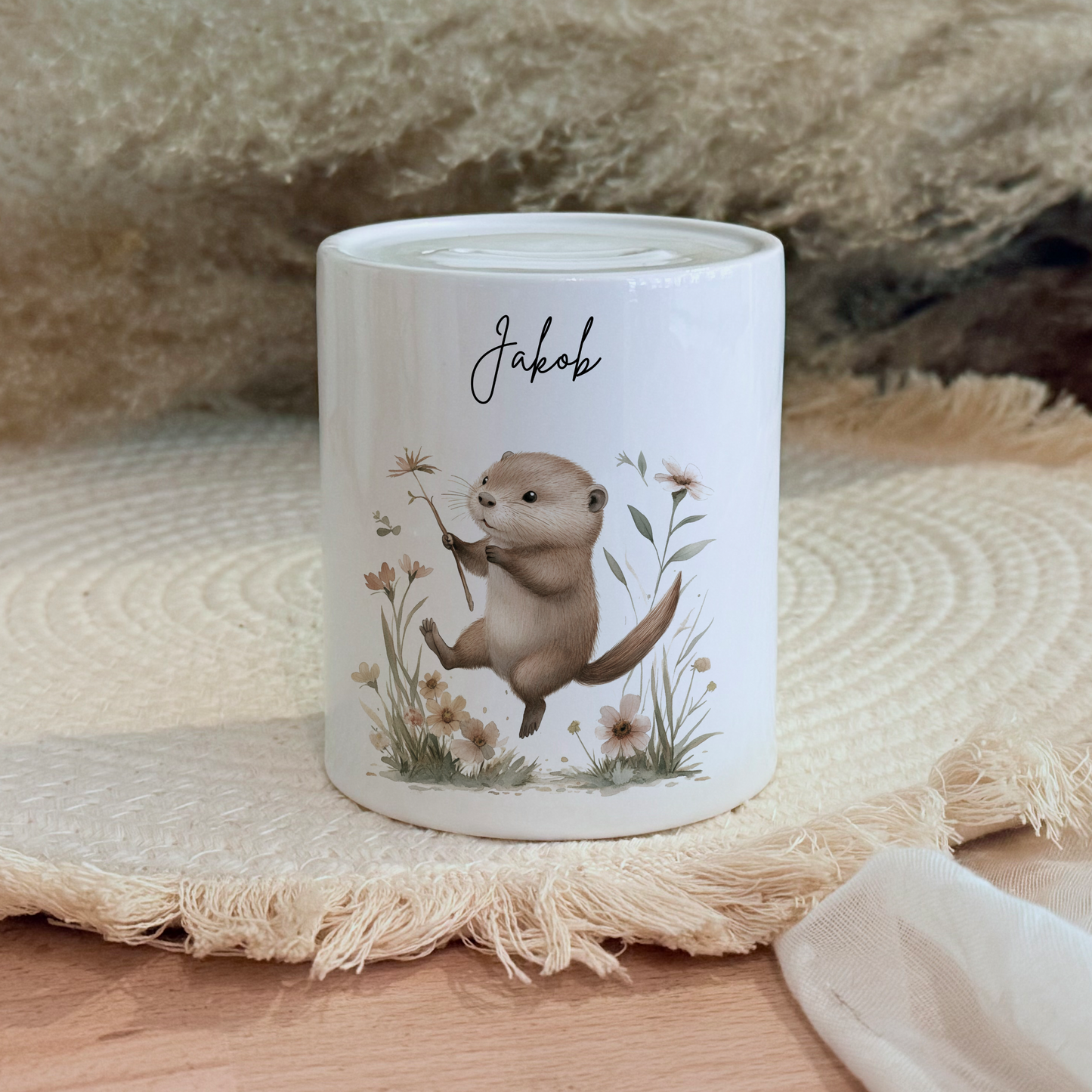 Personalisierte Spardose Kind Geschenk Geburt Taufe Geburtstag Waldtiere Geldgeschenk Baby Kinder Keramik Sparbüchse