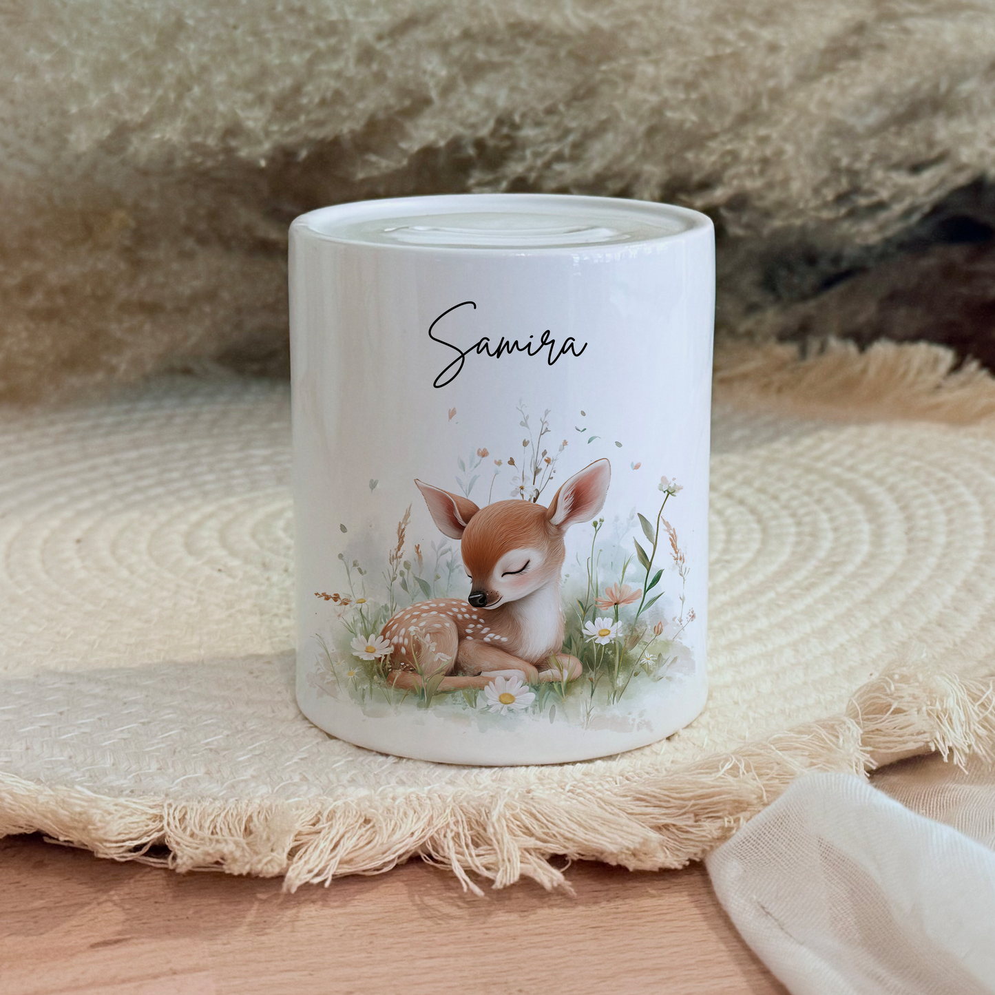 Personalisierte Spardose Kind Geschenk Geburt Taufe Geburtstag Waldtiere Geldgeschenk Baby Kinder Keramik Sparbüchse