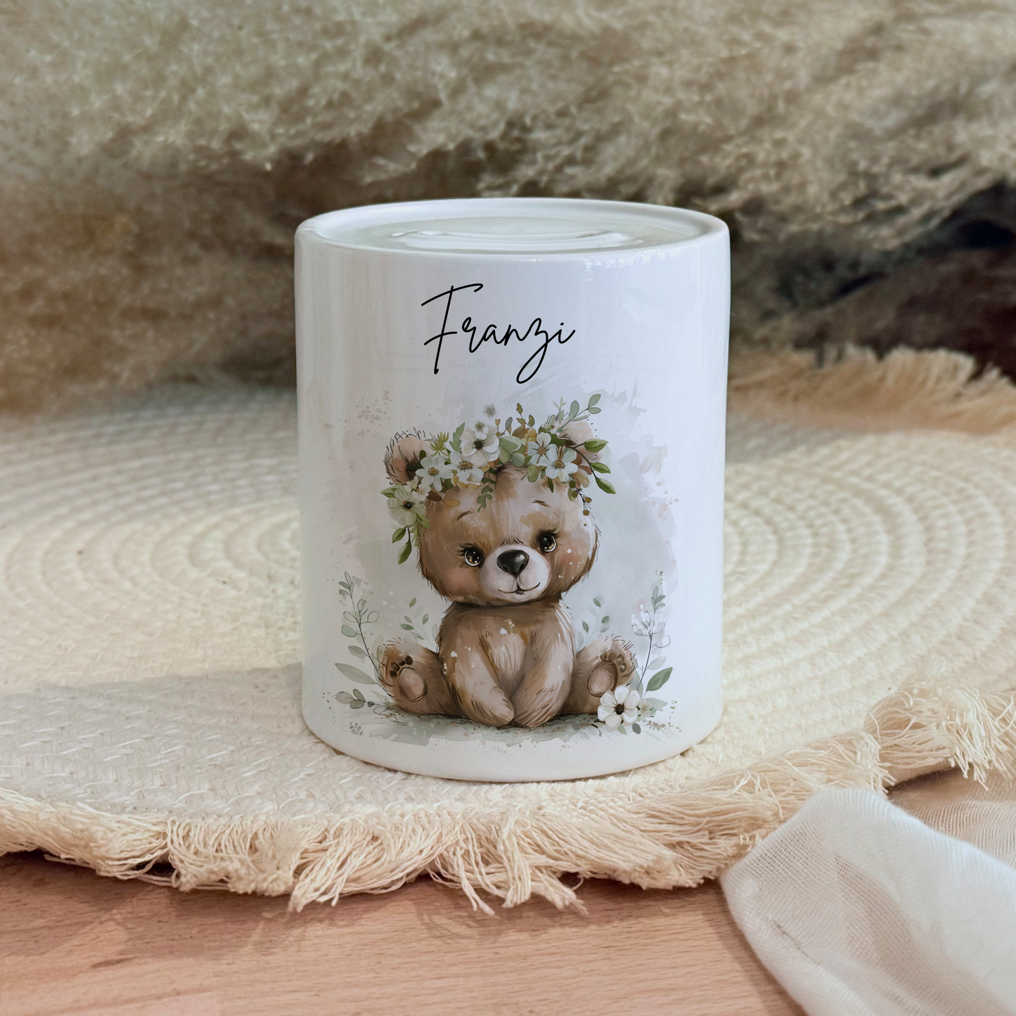 Personalisierte Spardose Kind Geschenk Geburt Taufe Geburtstag Waldtiere Geldgeschenk Baby Kinder Keramik Sparbüchse