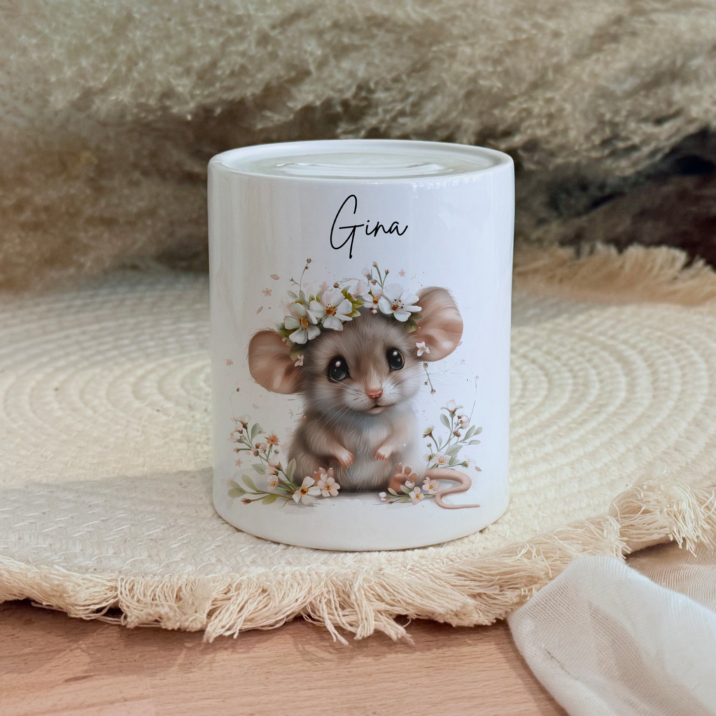 Personalisierte Spardose Kind Geschenk Geburt Taufe Geburtstag Waldtiere Geldgeschenk Baby Kinder Keramik Sparbüchse