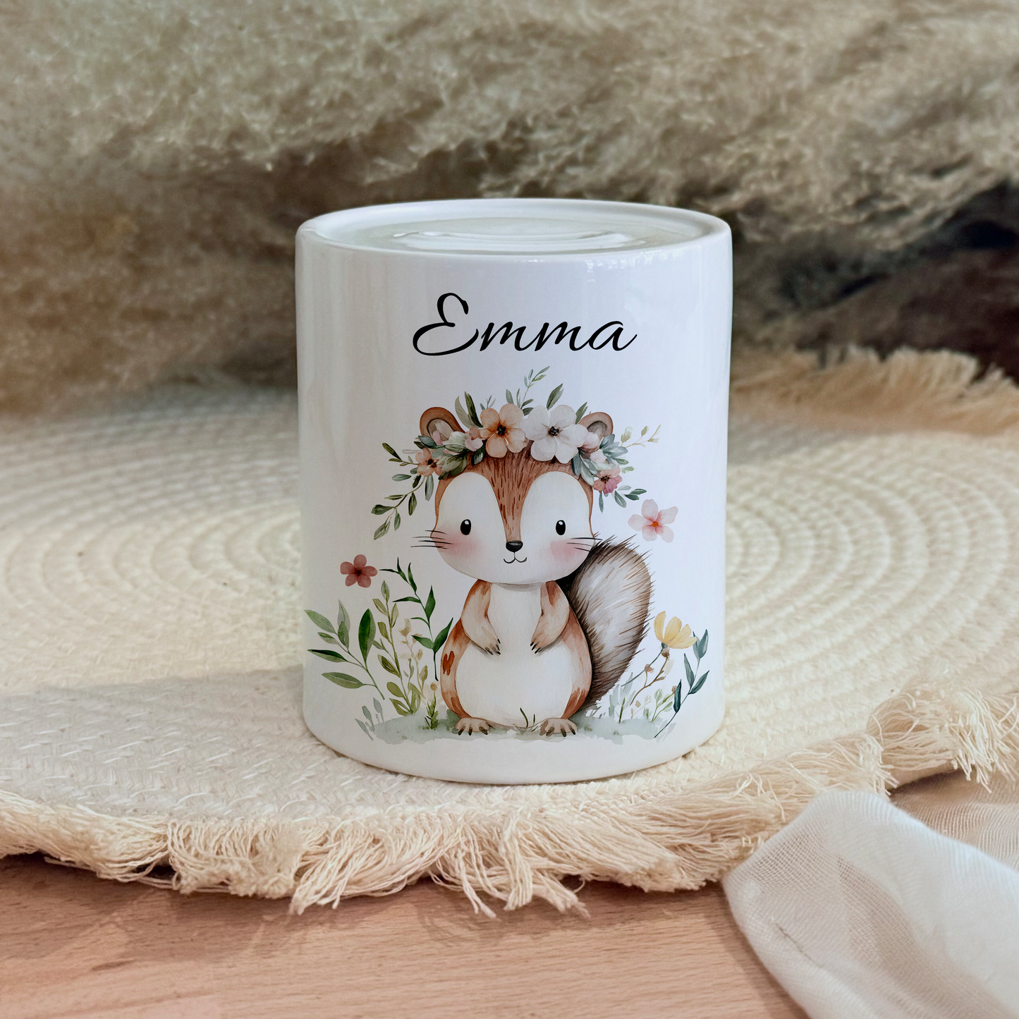 Personalisierte Spardose Kind 003 Geschenk Geburt Taufe Geburtstag Waldtiere Geldgeschenk Baby Kinder Keramik Sparbüchse