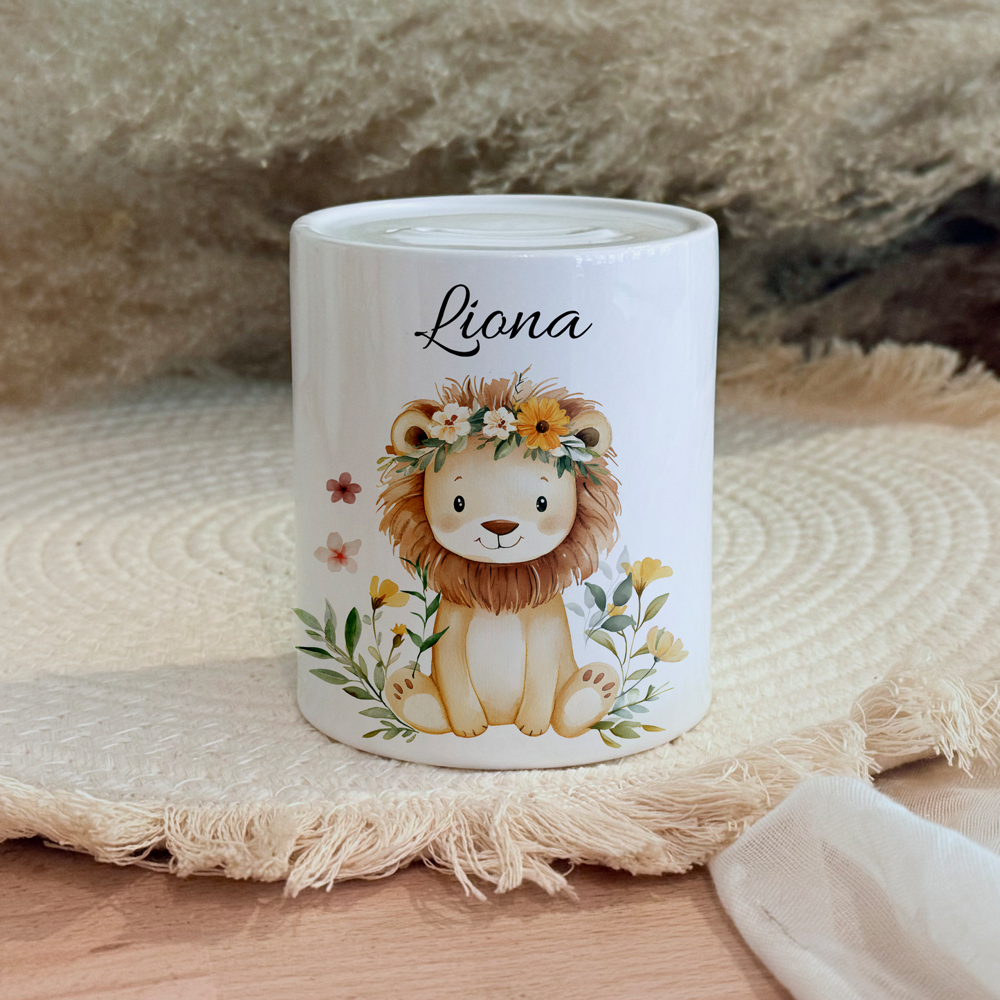 Personalisierte Spardose Kind 003 Geschenk Geburt Taufe Geburtstag Waldtiere Geldgeschenk Baby Kinder Keramik Sparbüchse