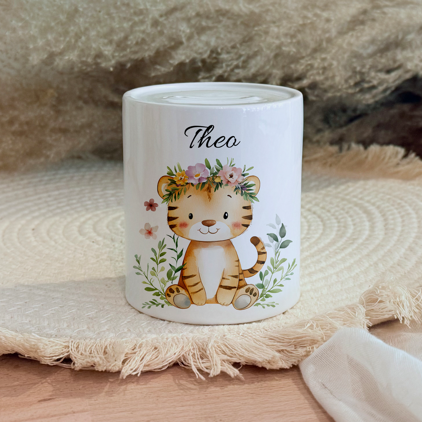 Personalisierte Spardose Kind 003 Geschenk Geburt Taufe Geburtstag Waldtiere Geldgeschenk Baby Kinder Keramik Sparbüchse