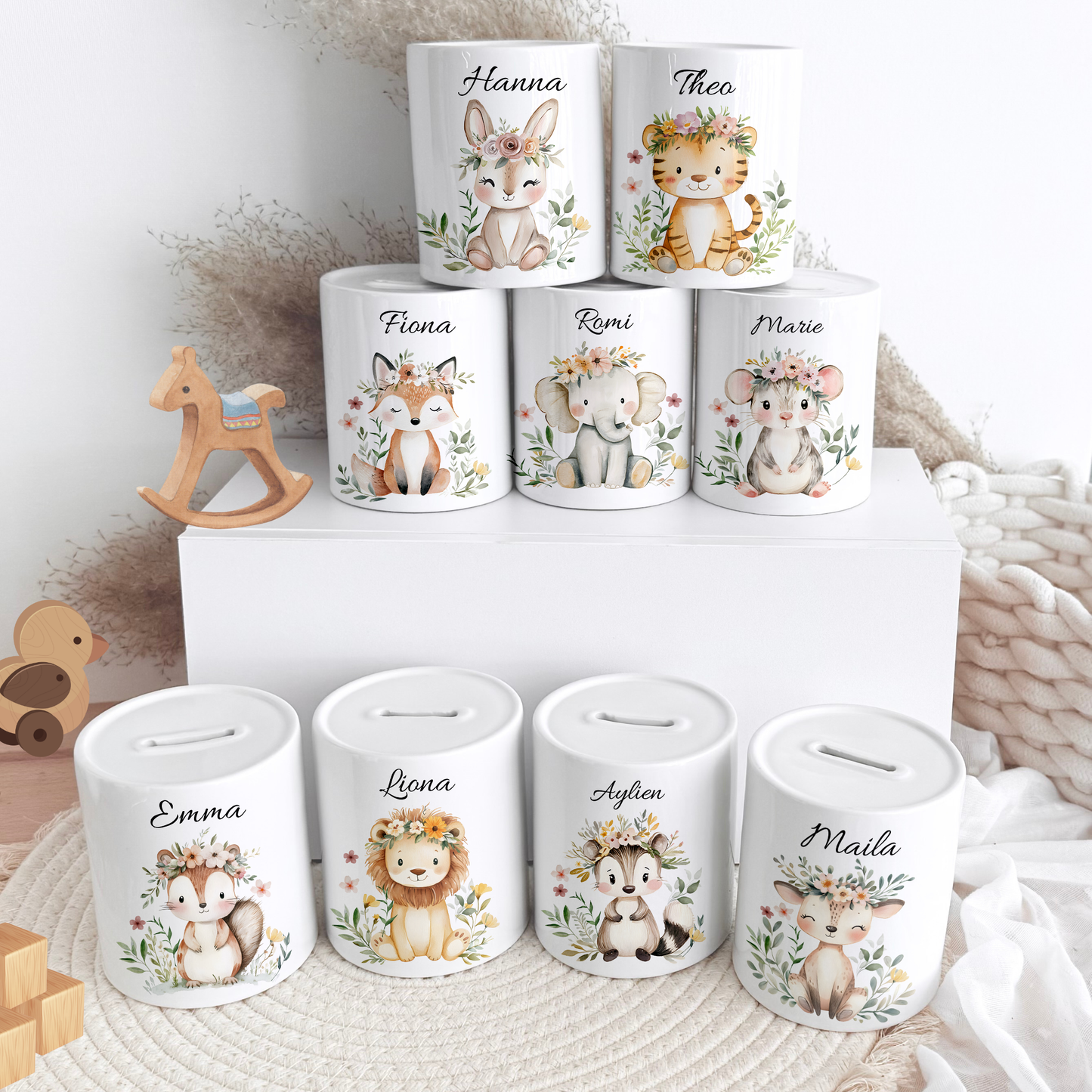 Personalisierte Spardose Kind 003 Geschenk Geburt Taufe Geburtstag Waldtiere Geldgeschenk Baby Kinder Keramik Sparbüchse