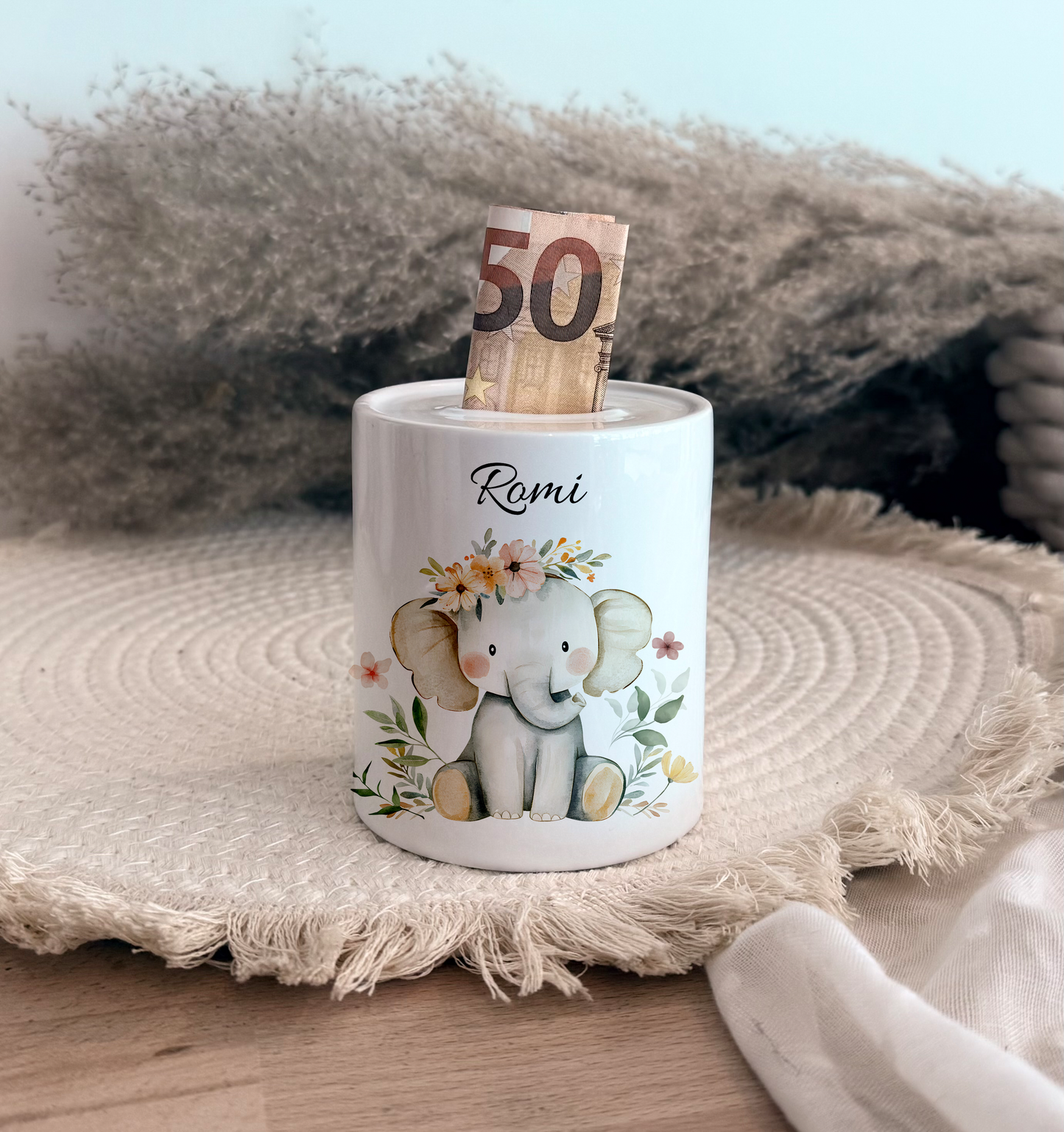 Personalisierte Spardose Kind 003 Geschenk Geburt Taufe Geburtstag Waldtiere Geldgeschenk Baby Kinder Keramik Sparbüchse