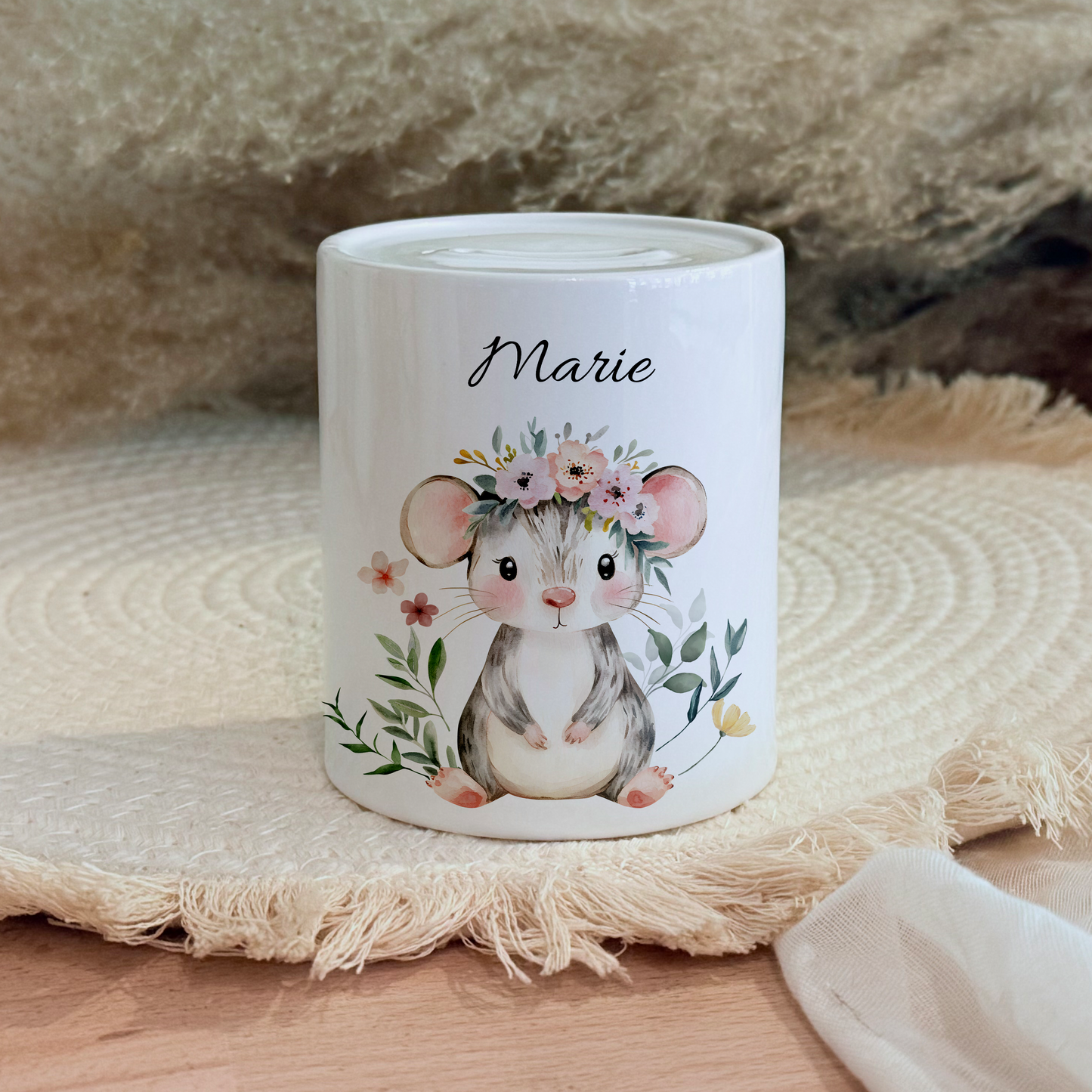 Personalisierte Spardose Kind 003 Geschenk Geburt Taufe Geburtstag Waldtiere Geldgeschenk Baby Kinder Keramik Sparbüchse