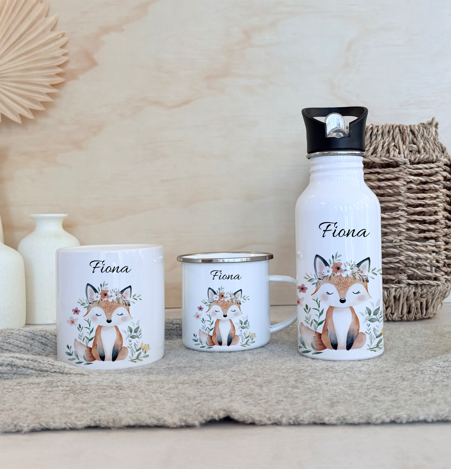 Geschenkset Personalisierte Kinder-Trinkflasche 500 ml Spardose Tasse Emaille