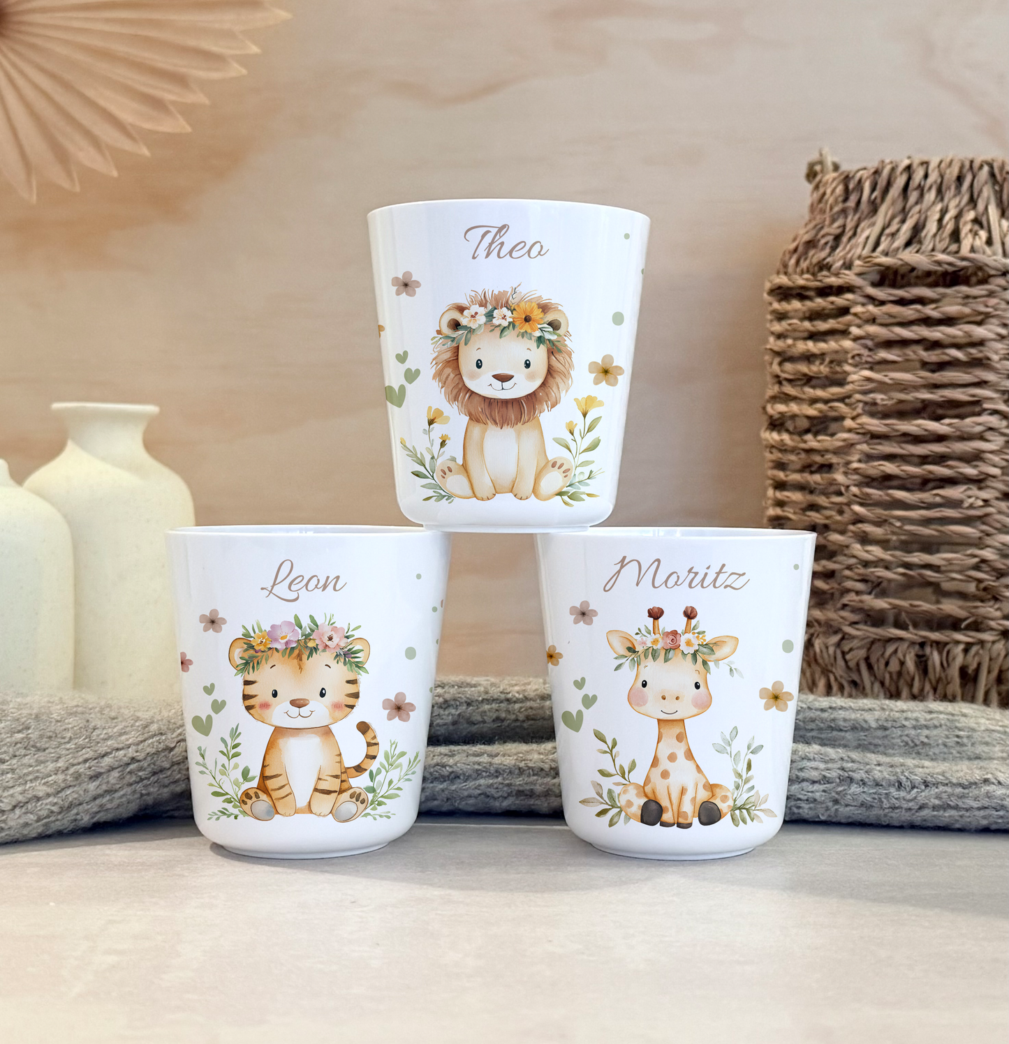 Kinderbecher Tiere, Trinkbecher aus Kunststoff, personalisiert mit Namen,Kindergartenkinder, Zahnputzbecher