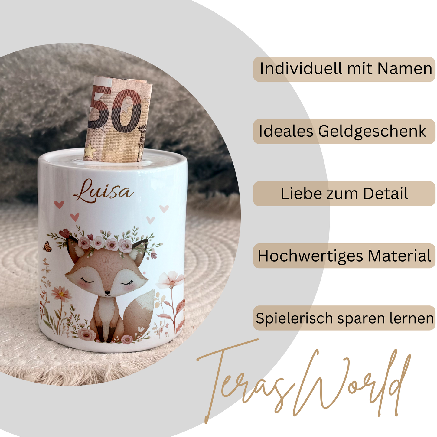 Personalisierte Spardose Kind Geschenk Geburt Taufe Geburtstag Waldtiere Geldgeschenk Baby Kinder Keramik Sparbüchse