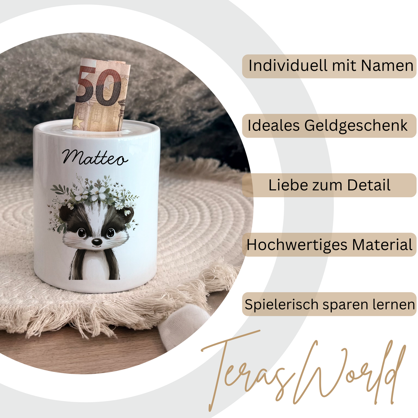 Personalisierte Spardose Kind Geschenk Geburt Taufe Geburtstag Wal Auto Waldtiere Regenbogen Geldgeschenk Baby Kinder Keramik Sparbüchse
