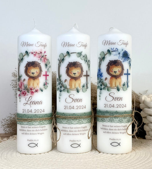 Taufkerze  Löwe  Eukalyptus Floral Für  Jungen und Mädchen