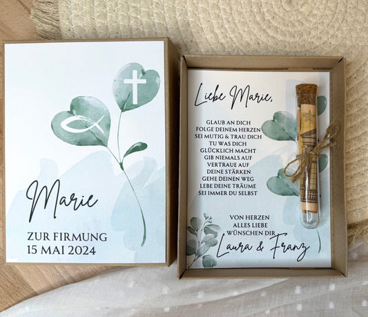Personalisiertes Geldgeschenk Fisch Taube zur Firmung, Kommunion, Konfirmation, Jugendweihe – Geschenkbox mit Reagenzglas im Boho-Stil