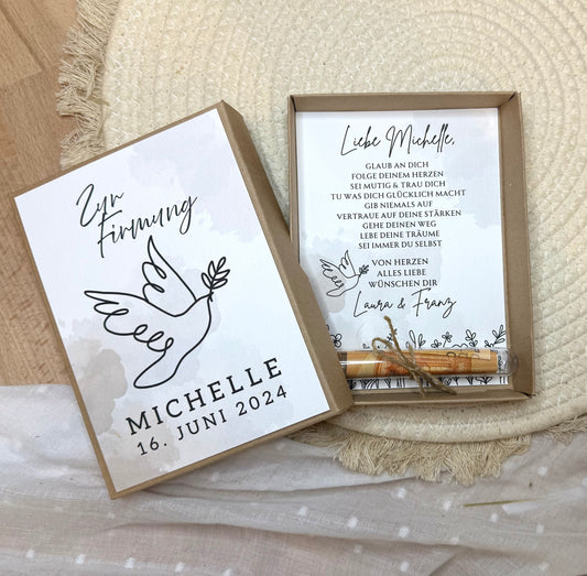 Personalisiertes Geldgeschenk Fisch Taube zur Firmung, Kommunion, Konfirmation, Jugendweihe – Geschenkbox mit Reagenzglas im Boho-Stil