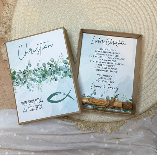 Personalisiertes Geldgeschenk Fisch Taube zur Firmung, Kommunion, Konfirmation, Jugendweihe – Geschenkbox mit Reagenzglas im Boho-Stil