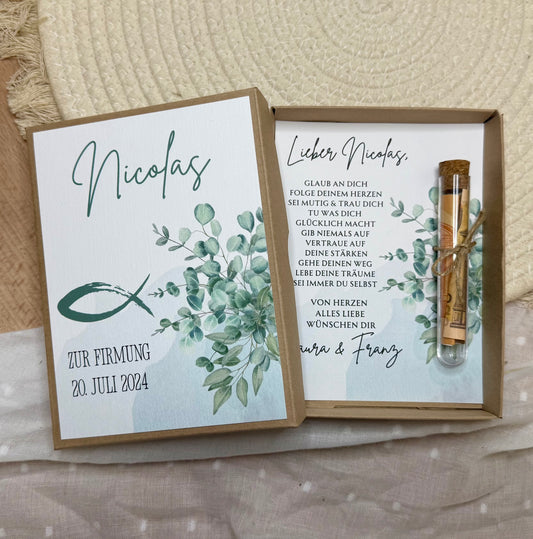 Personalisiertes Geldgeschenk Fisch Taube zur Firmung, Kommunion, Konfirmation, Jugendweihe – Geschenkbox mit Reagenzglas im Boho-Stil