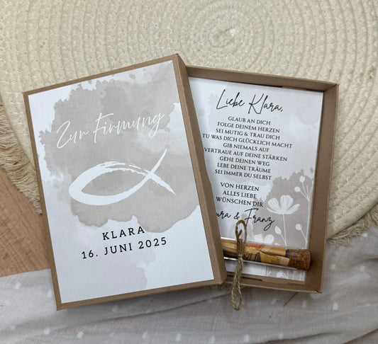 Personalisiertes Geldgeschenk Fisch Taube zur Firmung, Kommunion, Konfirmation, Jugendweihe – Geschenkbox mit Reagenzglas im Boho-Stil