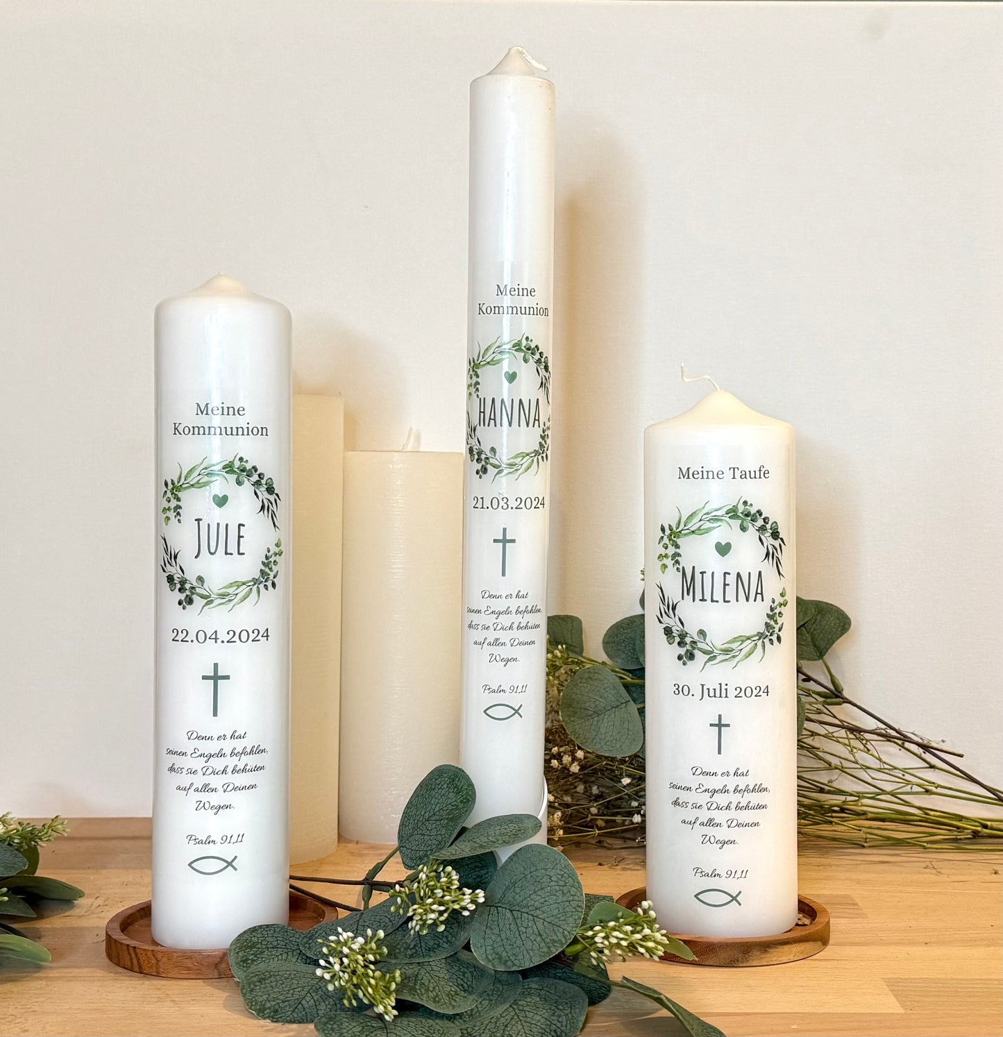 Kommunionskerze Taufkerze  Eukalyptus Kranz personalisiert | Kerze zur Kommunion & Konfirmation Taufe |Für Jungen/ Mädchen Kommunionkerze Patenkerze