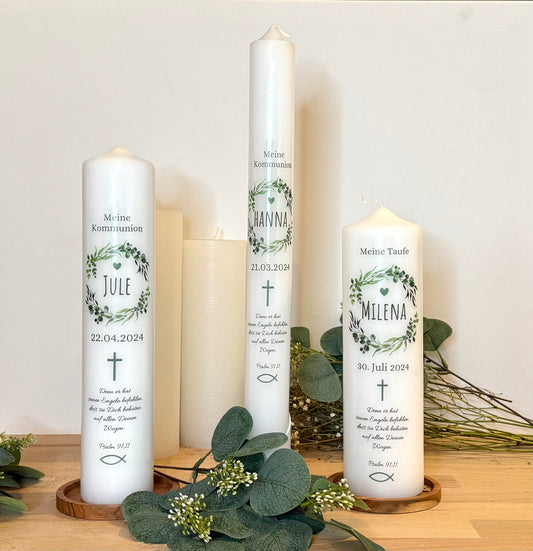 Kommunionskerze Taufkerze  Eukalyptus Kranz personalisiert | Kerze zur Kommunion & Konfirmation Taufe |Für Jungen/ Mädchen Kommunionkerze Patenkerze