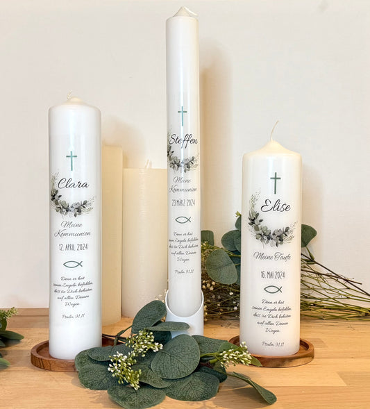 Kommunionskerze Taufkerze Eukalyptus Kranz personalisiert | Kerze zur Kommunion & Konfirmation Taufe |Für Jungen/ Mädchen Kommunionkerze Patenkerze